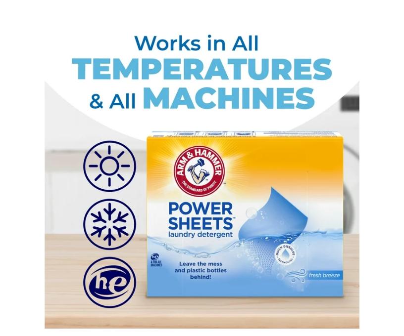 ARM & HAMMER Power Sheets Laundry Detergent, Fresh Breeze 60 ct, up to 120 small loads