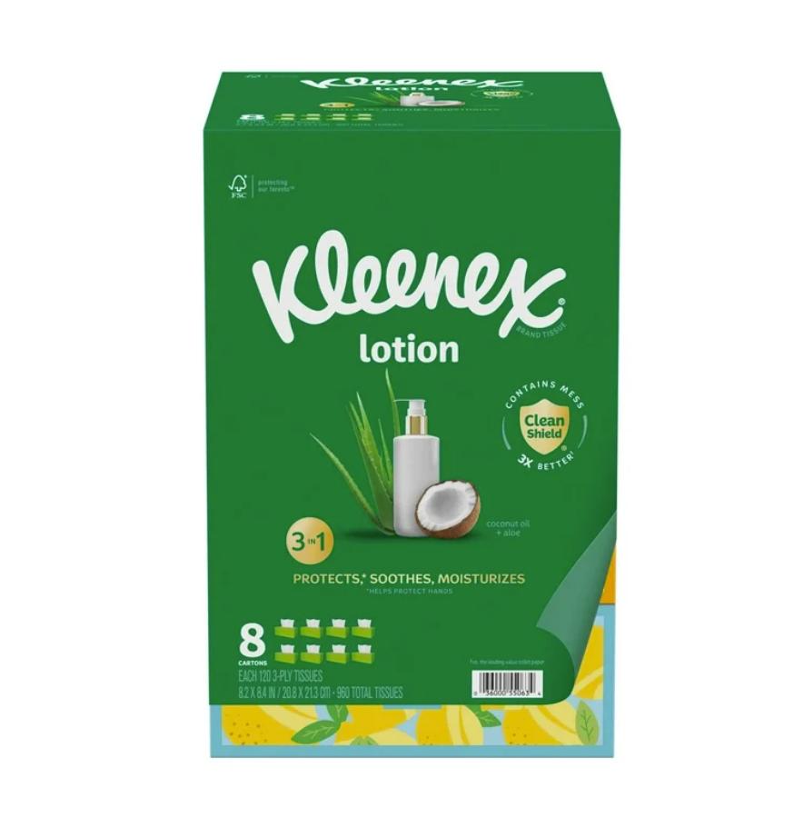 Kleenex Lotion Facial Tissues with Coconut Oil, 8 Flat Boxes, 120 Tissues Per Box, 3-Ply Napkin