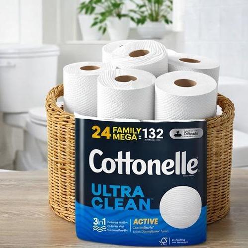 Cottonelle Ultra Clean 1-Ply Toilet Paper with Active CleaningRipples, 24 Mega Rolls (Equals 132 Regular Rolls)