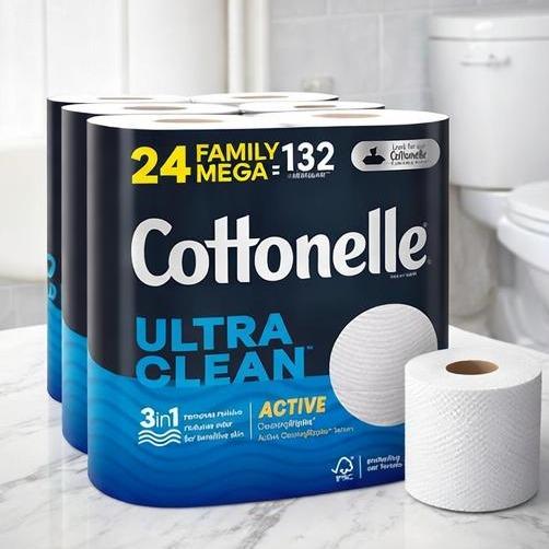Cottonelle Ultra Clean 1-Ply Toilet Paper with Active CleaningRipples, 24 Mega Rolls (Equals 132 Regular Rolls)
