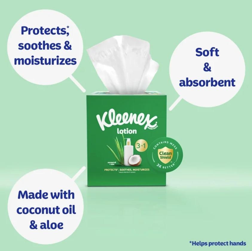 Kleenex Lotion Facial Tissues with Coconut Oil, 8 Flat Boxes, 120 Tissues Per Box, 3-Ply Napkin