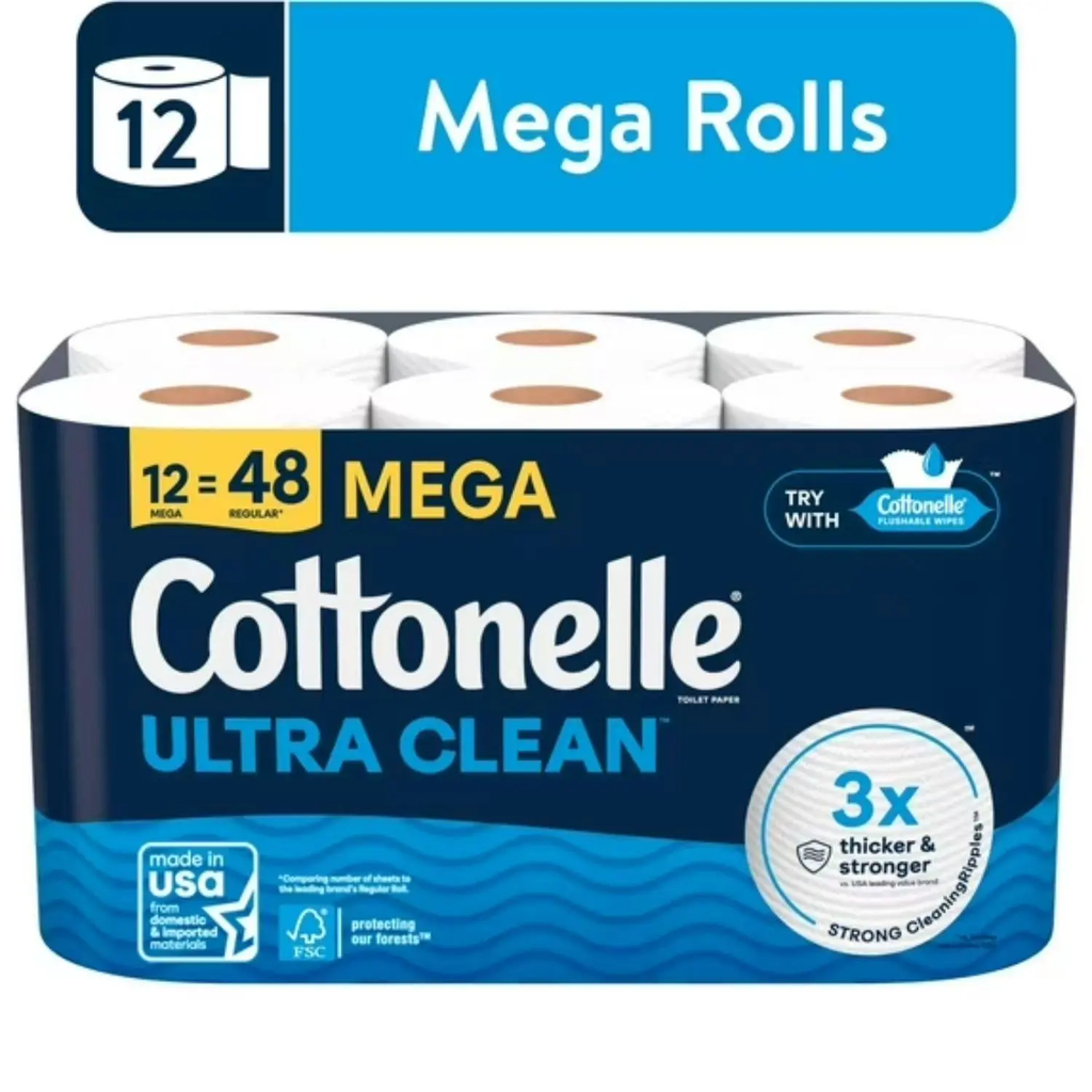 Cottonelle Ultra Clean Toilet Paper, Strong Toilet Tissue, 12 Mega Rolls